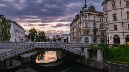 View of the Triple Bridge, Ljubljana, Slovenia shortly after sunrise.