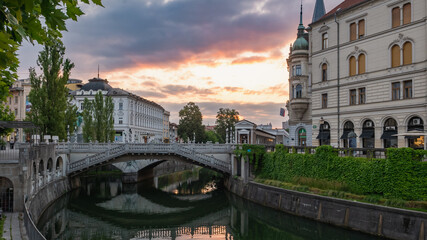 View of the Triple Bridge, Ljubljana, Slovenia shortly after sunrise.