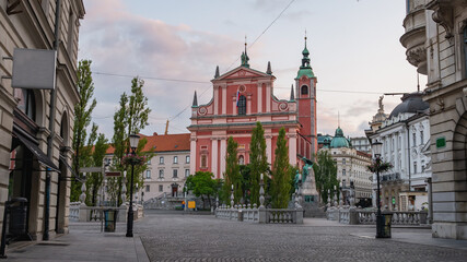 Fototapeta premium View of the Church of the Annunciation in Ljubljana and Prešeren Square. Center of Ljubljana in Slovenia.
