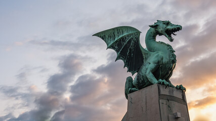 View of the Dragon bridge (Zmajski most), symbol of Ljubljana, capital of Slovenia, Europe.