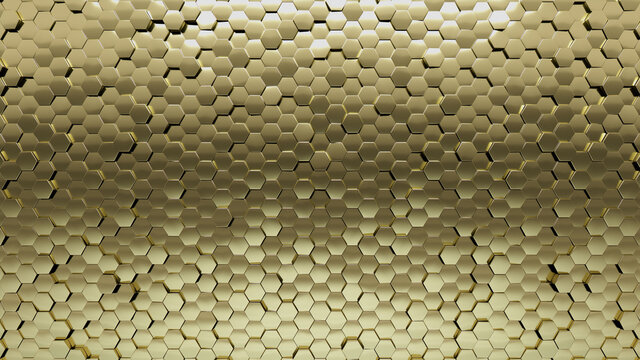Gold, Polished Wall background with tiles. Hexagonal, tile Wallpaper with 3D, Luxurious blocks. 3D Render