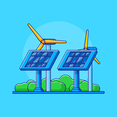 Solar Panels and Windmill for Energy in Flat Design Illustration