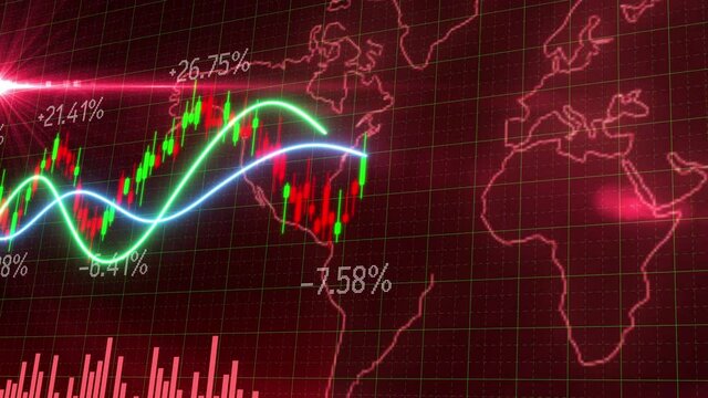 3D Motion of red green candle stick graph chart of stock market trading with animated world map background, Bullish Bearish stock point. Economy trend charts for business. Financial investment concept