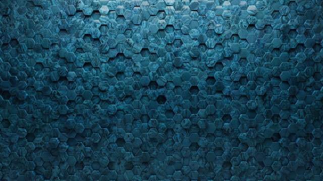 Hexagonal, Polished Wall background with tiles. Blue Patina, tile Wallpaper with Textured, 3D blocks. 3D Render