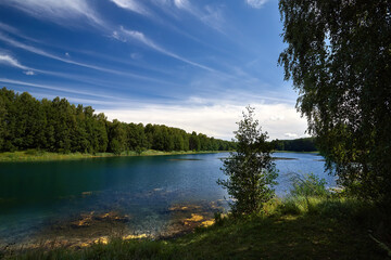 Beautiful summer landscape near lake with blue water. Lake Key in the Nizhny Novgorod region.