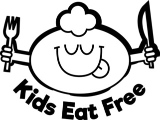 kids eat free black sign. Funny cartoonish kid face licking lips with closed eyes, enjoying good food. Holding fork and knife.