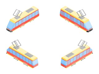 four old trams public transport of city isometric