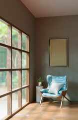 Mock-up Interior,velvet armchair,empty,gray wall background, 3D rendering