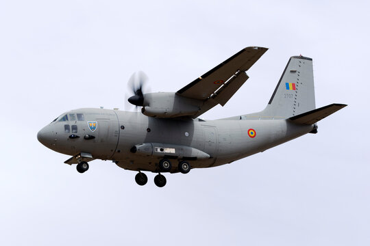 Luqa, Malta - September 25, 2015: Romanian Air Force Alenia C-27J Spartan arriving runway 31 to participate in the Airshow during the coming weekend.