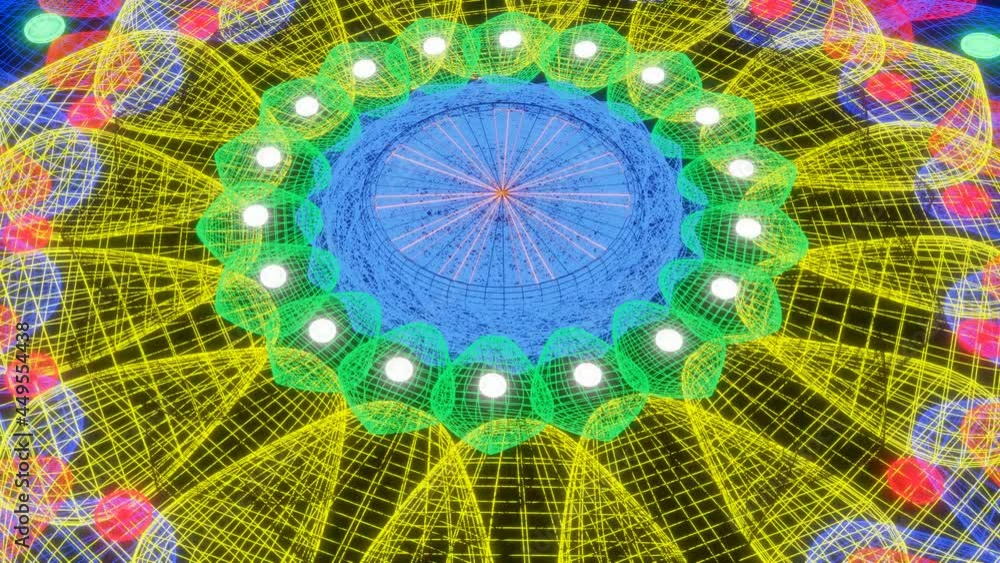Poster rotating patterns of glowing neon light mandalas on a black background. looped animation. 3d render