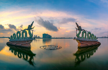 Statue dragon made of porcelain and stone in the West Lake of Hanoi