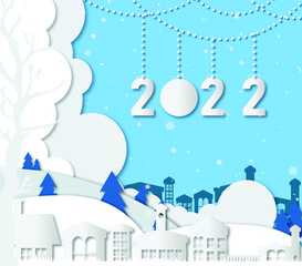 Fototapeta na wymiar paper cut art card with Winter landscape and snowflakes. Merry Christmas and Happy New Year 2022