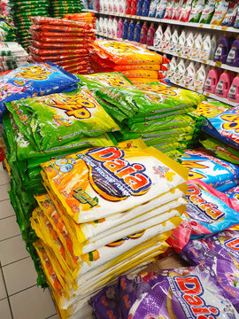 KUALA LUMPUR, MALAYSIA -MARCH 30, 2020: Selected focused on detergent in commercial packaging displayed on the rack inside the huge supermarkets. Sorted by brand and price. 