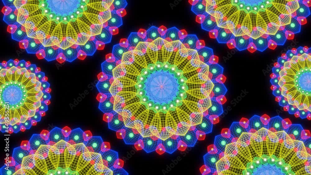 Poster rotating patterns of glowing neon light mandalas on a black background. looped animation. 3d render