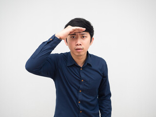 Asian man looking far away hand over head,Man Stare portrait white background