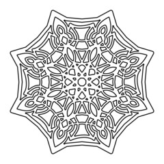 a fabulous flower. snowflake. openwork napkin. black-and-white contour isolated drawing by hand. an element of an ornament. embroidery, henna, coloring, template, tattoo.