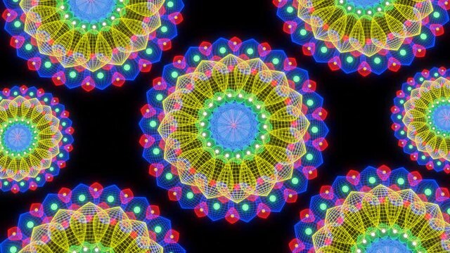 rotating patterns of glowing neon light mandalas on a black background. Looped animation. 3d render
