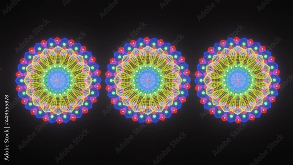 Poster rotating patterns of glowing neon light mandalas on a black background. looped animation. 3d render