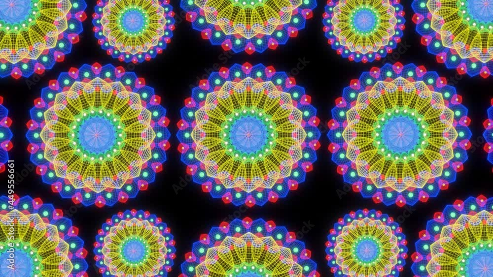 Poster rotating patterns of glowing neon light mandalas on a black background. looped animation. 3d render