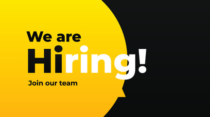 we are hiring modern, creative banner, design concept, social media template, marketing, advertising, and communication concept  with white text on a  black and yellow  background 