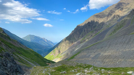 Hike across the Caucasus. Beautiful mountain landscape of North Ossetia. High mountains, green...