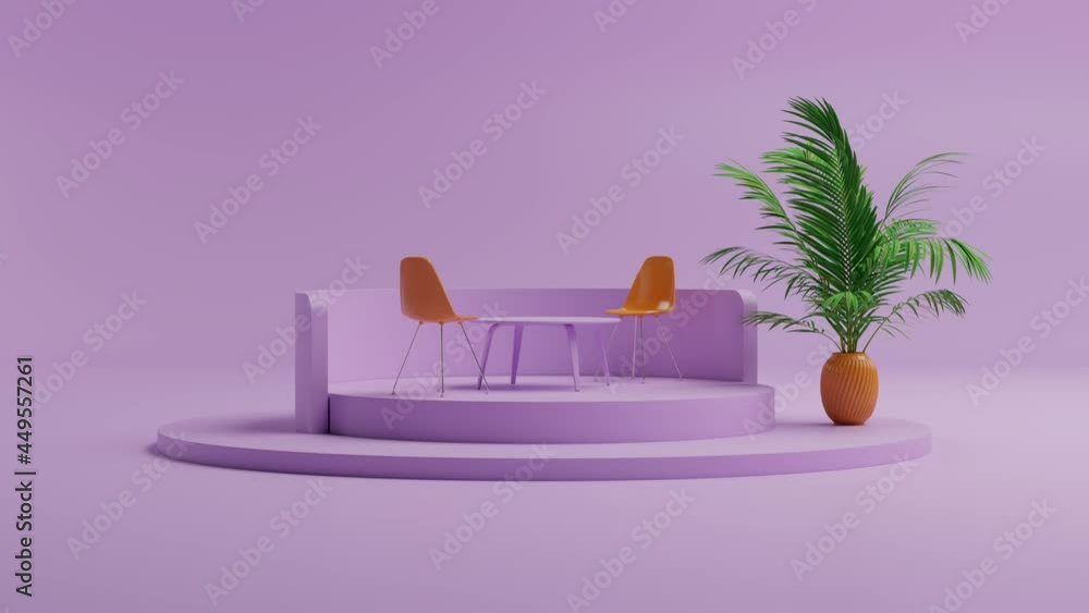 Poster 3d render of the podium with two orange chairs and table. clean fresh background with plant and past