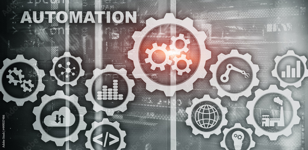 Poster automation productivity increase concept. technology process on a server room background