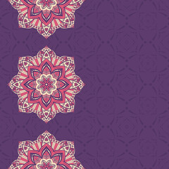 Seamless border pattern with red and beige mandalas on purple background. Mehndi lace borders. Endless texture. Space for text. Vector color background.