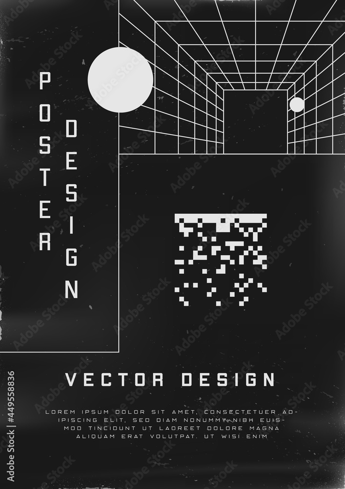 Poster retrofuturistic poster design. cyberpunk 80s style poster with perspective tunnel and pixel 8bit squ