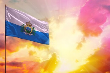 Fluttering San Marino flag in top left corner mockup with the space for your text on beautiful...