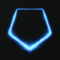 Pentagon frame with glowing sparkles. Blue neon glow effect frame. Bright round glowing glares with blurred effect. Eps10 vector