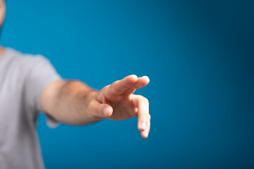 business man presses on touch screen.