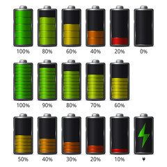 Set of battery charge level indicators. Objects are isolated on white background. Vector illustration.