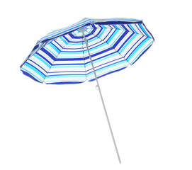 Open blue striped beach umbrella isolated on white