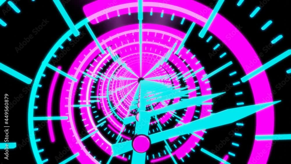 Aufkleber camera flies through the dials of a turquoise neon-lit watch with rapidly rotating hands and phyleti
