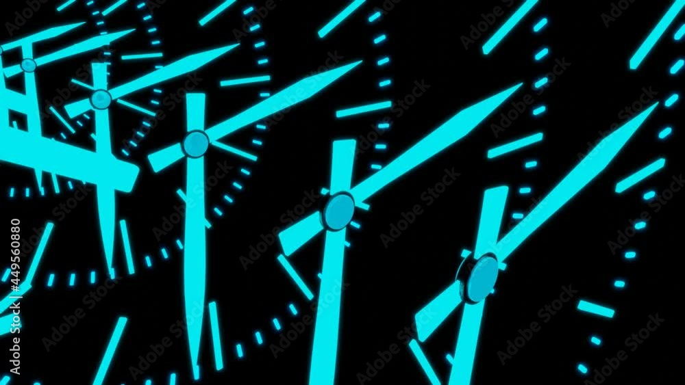 Poster the dial of a glowing turquoise neon clock with rapidly rotating arrows on a black background looped