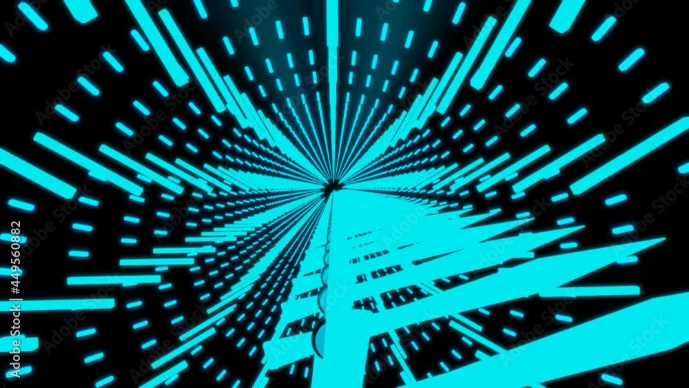 Poster camera flies through the dials of a turquoise neon glowing clock with rapidly rotating hands on a bl