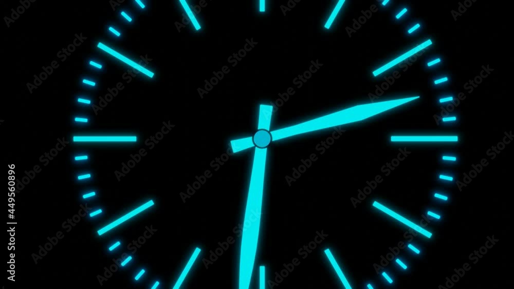 Poster the dial of a glowing turquoise neon clock with rapidly rotating arrows on a black background looped