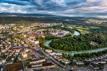 aerial view of a traditional  swiss city  with river 