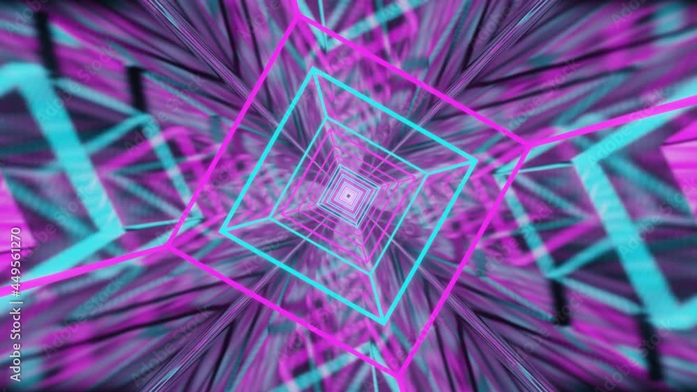 Poster the flight of the camera through the cube frames glowing with new light in the tunnel. looped abstra