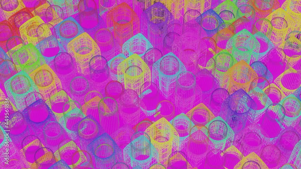Aufkleber rows of multi-colored wireframe rectangles rise and fall. looped abstract animation. 3d render
