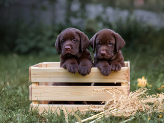 2 puppies of chocolate labrador sit in a wooden box in the village in the summer on the grass....