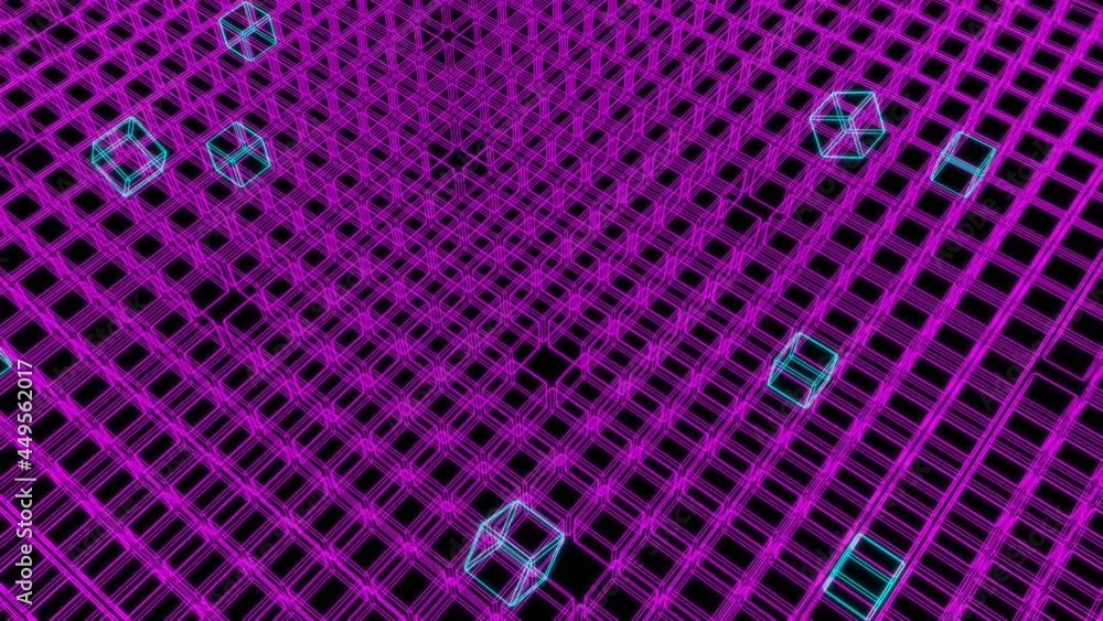 Poster turquoise neon cube frames fly from place to place in a row of purple cubes. looped abstract animati