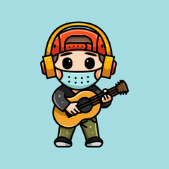 cute guitarist with mask for character, icon, logo, sticker and illustration.