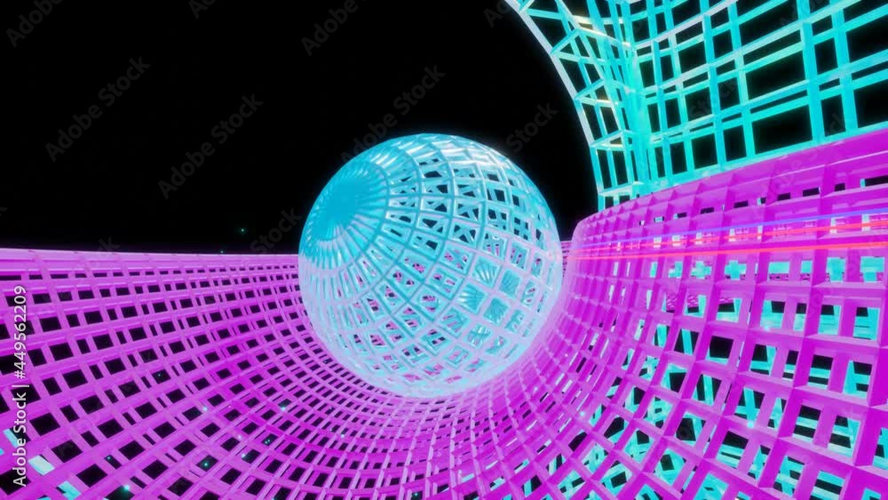Poster 3d glowing wire frame of a sphere rolls along a purple wire frame gutter against a black background.