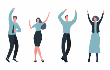 Happy office workers are celebrating the victory. Employees are dancing and jumping. Icons of business people. Vector illustration on a white background