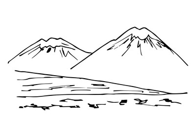 Hand-drawn black outline simple vector drawing. Snow mountain contour, landscape, rocky terrain. Tourism, sports, travel, mountaineering. Wildlife of mountainous countries.