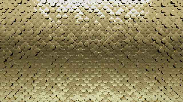 Polished, Gold Wall background with tiles. Luxurious, tile Wallpaper with 3D, Fish Scale blocks. 3D Render