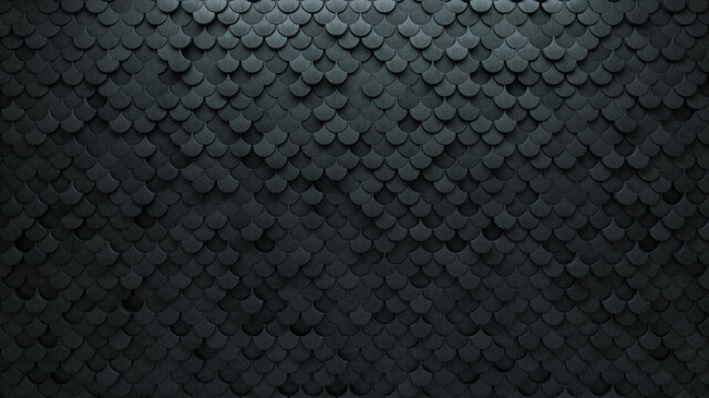 Fish Scale, Futuristic Wall background with tiles. Polished, tile Wallpaper with 3D, Concrete blocks. 3D Render