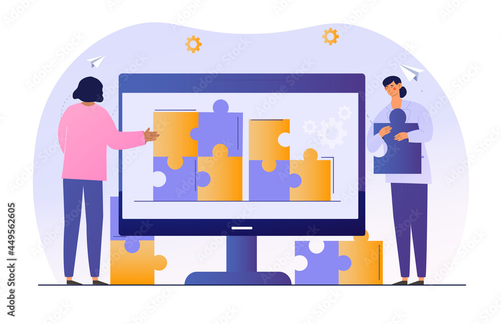 Poster people connecting puzzle elements. technical support solve problem on remote device. digital era ser